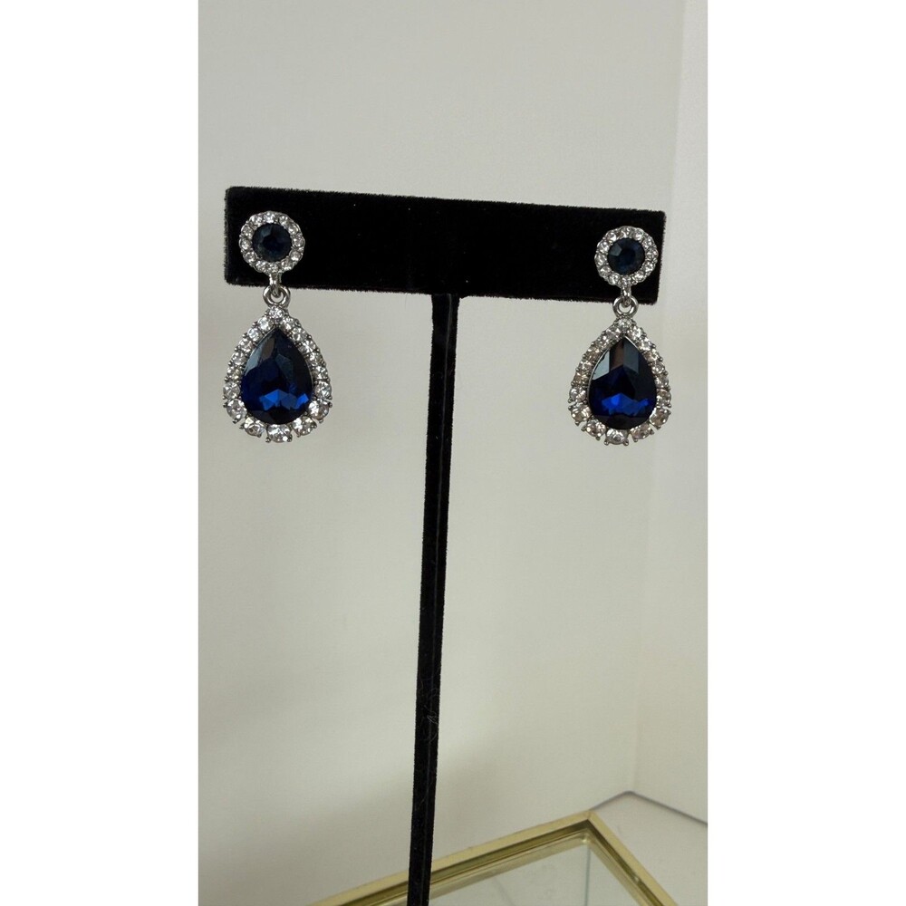 Sapphire Blue Rhinestone Halo Drop Earrings Silver Tone Bridal